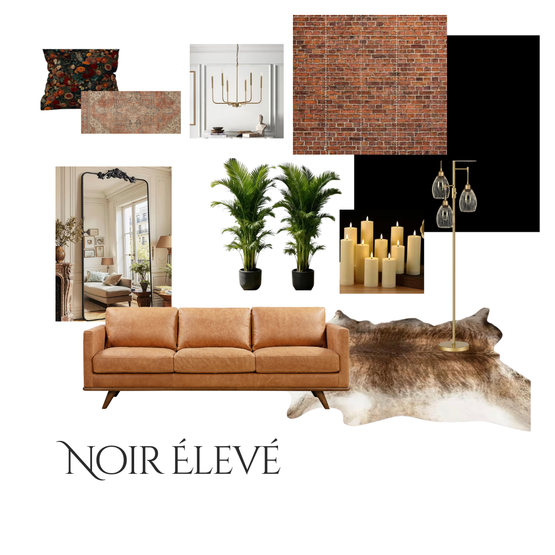 Modern living room design featuring a tan leather sofa, potted plants, and brick accent wall with minimalist decor.