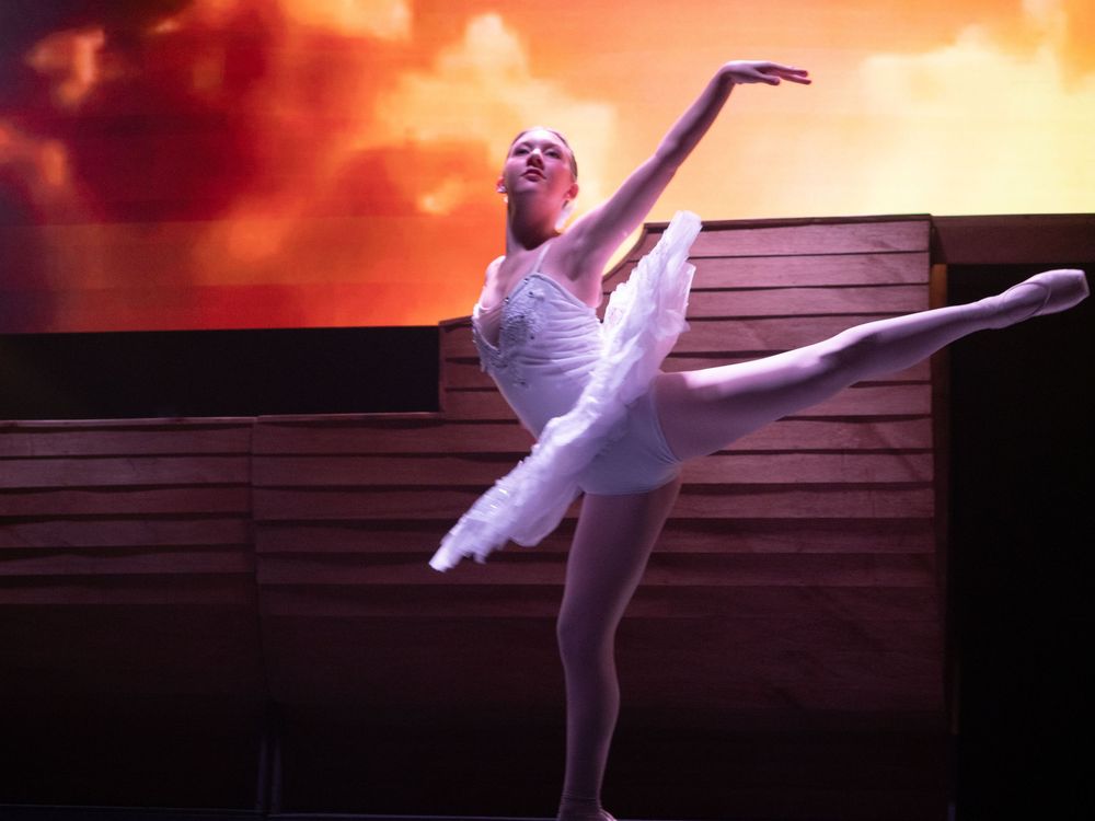 A graceful ballet dancer in a white tutu performs a series of elegant leaps and poses against a dramatic red backdrop.
