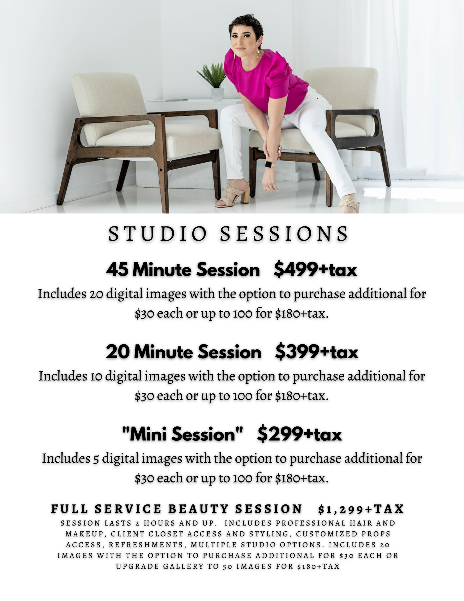 A price sheet featuring a woman in a studio setting wearing a pink shirt.