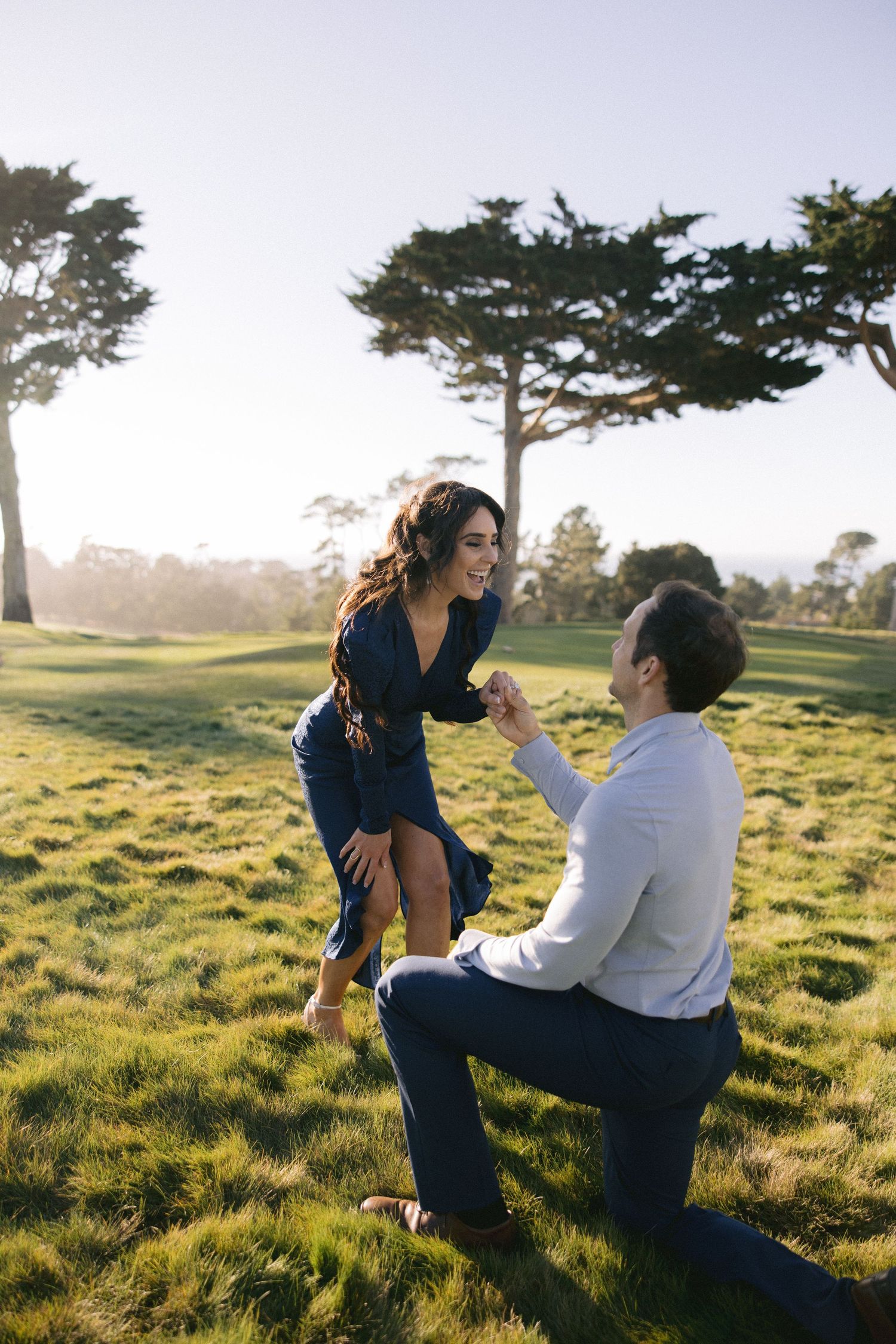 A romantic proposal scene unfolds on a sunlit grassy field with cypress trees in the background during golden hour.