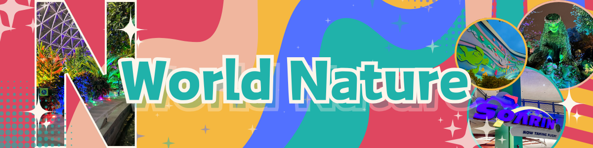 Colorful text banner reading 'World Nature' with decorative wildlife illustrations on pink and orange background.