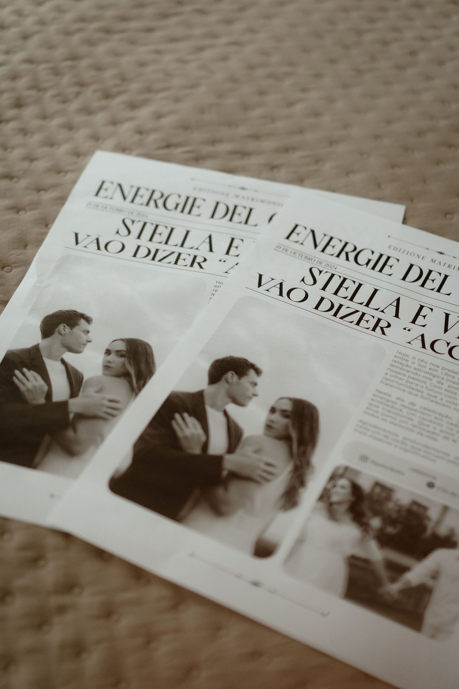 Vintage black and white magazine pages showing a romantic editorial spread.