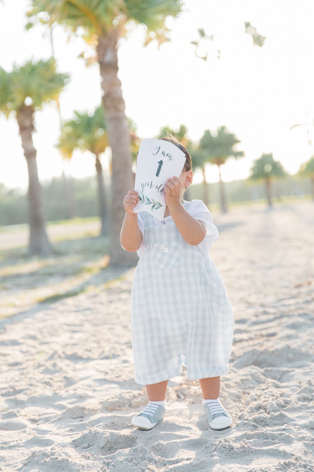 Toddler in gingham romper holds a '1 year old' sign on sandy beach with palm trees in soft sunlight.
