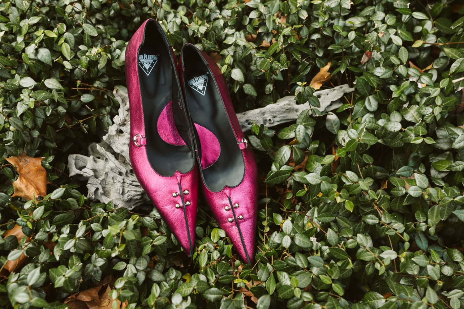 Metallic pink formal shoes arranged against green leafy background.