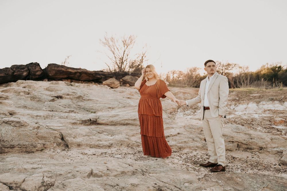 Outdoor engagement photos Flower Mound Texas scenic field.