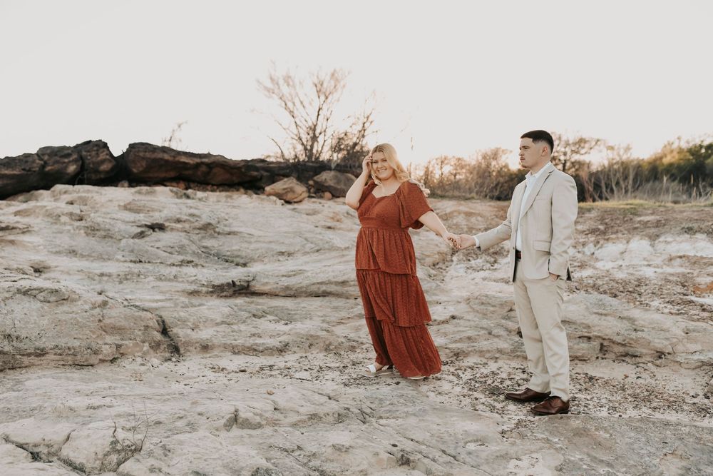 Romantic engagement session near Grapevine Lake Texas sunset.
