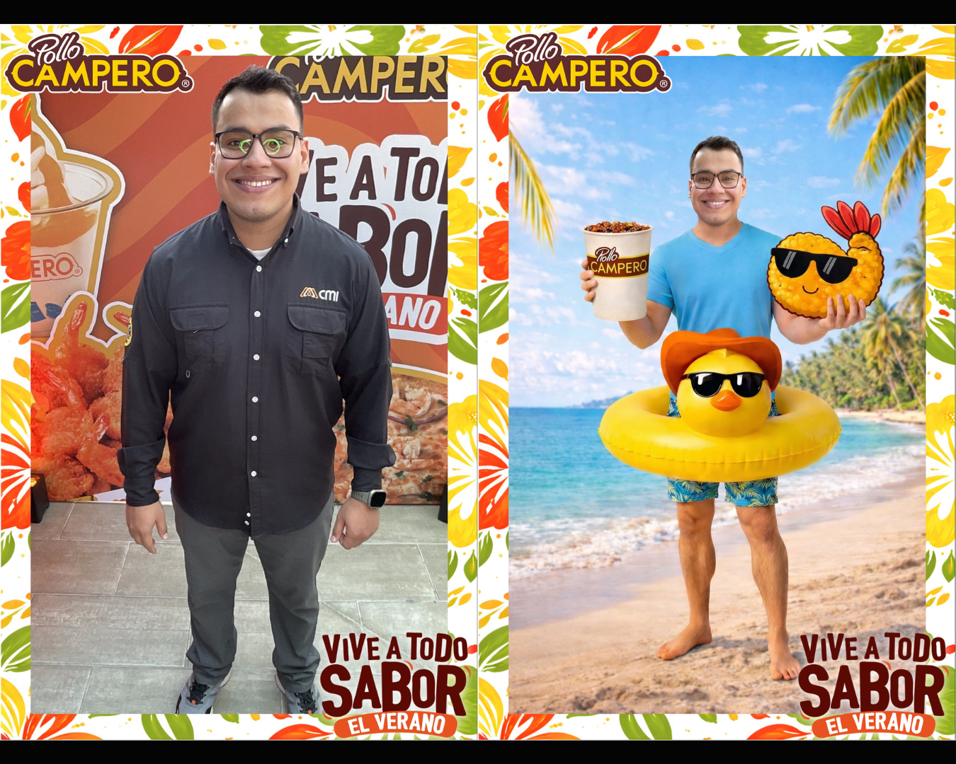 Collage of promotional images showing beach scenes, inflatable ducks, and branded merchandise for Campero restaurant.