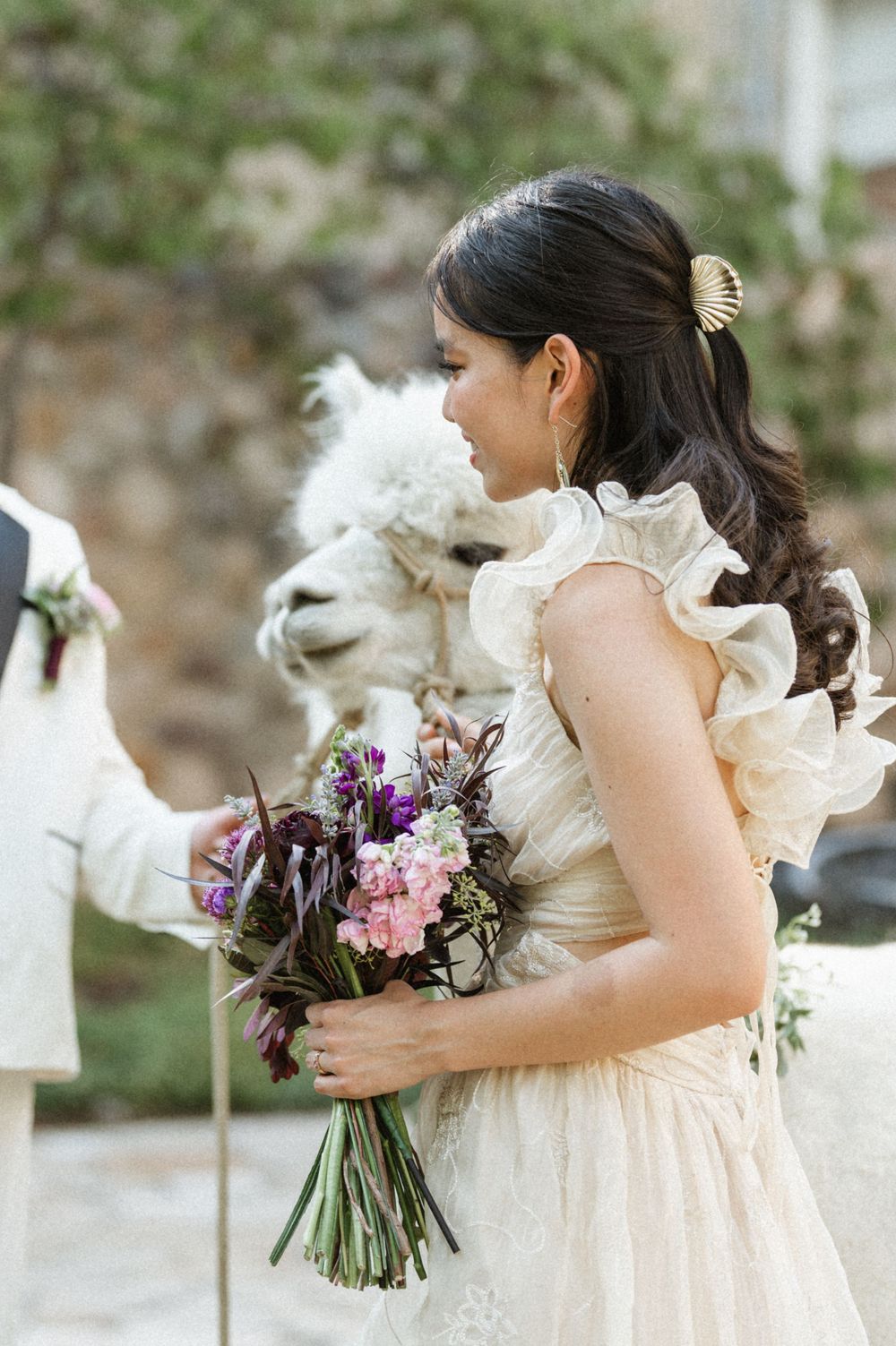 Bride in ruffled gown holding purple bouquet with white alpaca peeking over her shoulder at a Utah wedding.