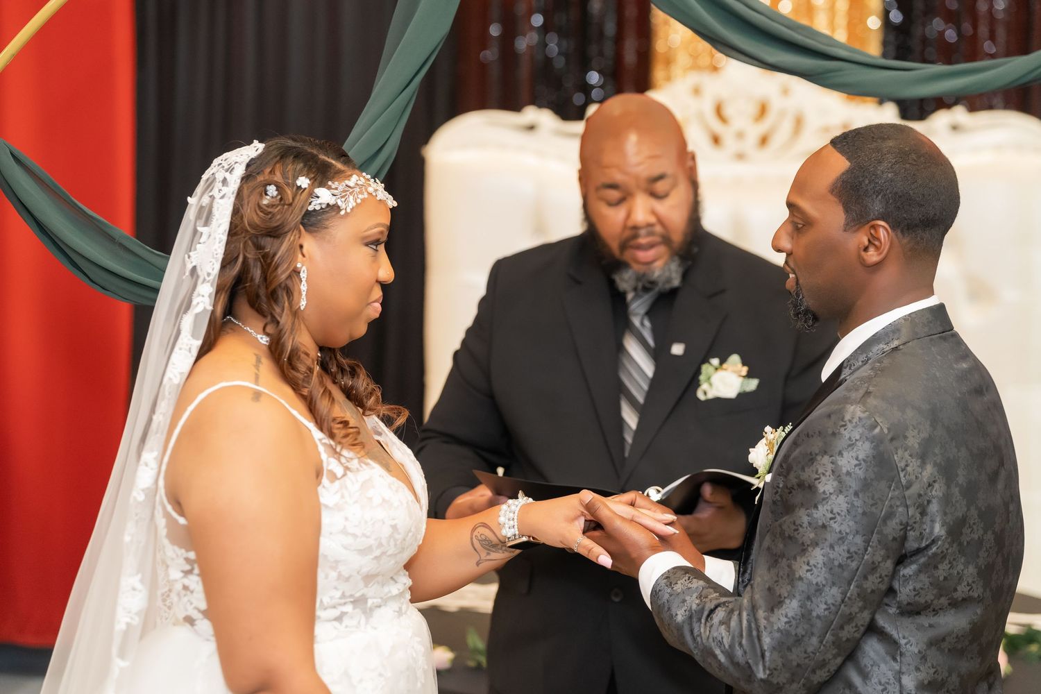 A collage of wedding ceremony moments showing couples exchanging rings and vows at the altar.