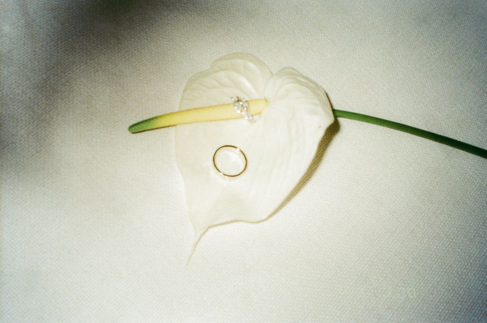 A gold wedding ring resting on a white anthurium flower with a green stem on a light background.