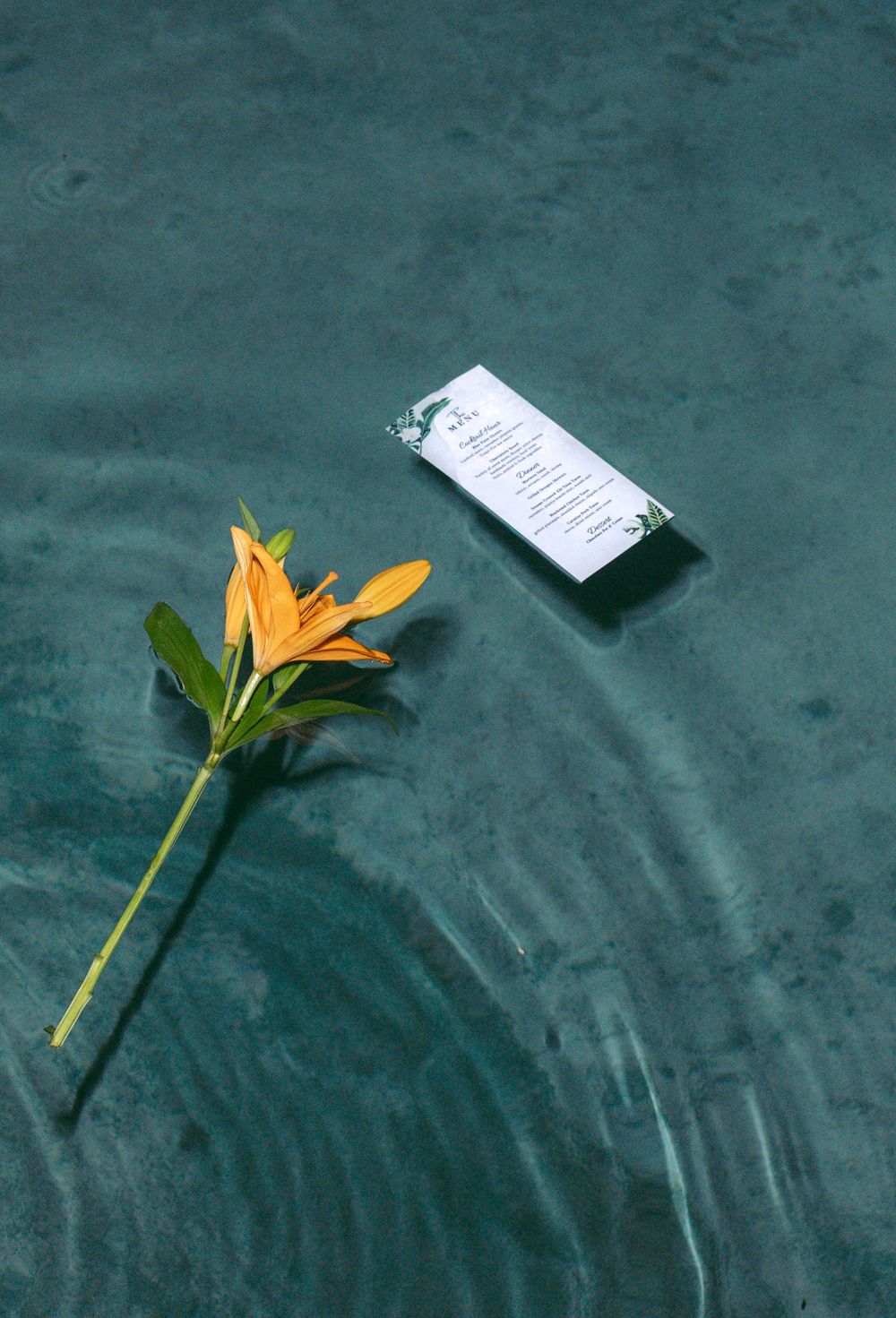 Orange lily flower and a small card floating on a teal green water surface with gentle ripples.