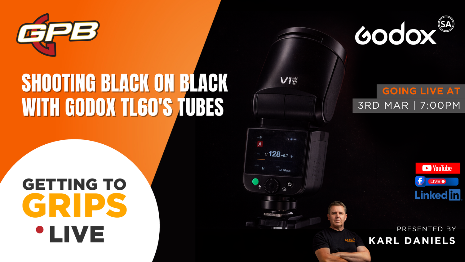 Karl Daniels presents Getting to Grips Live, a Godox photography tutorial on shooting black on black with TL60 tubes.