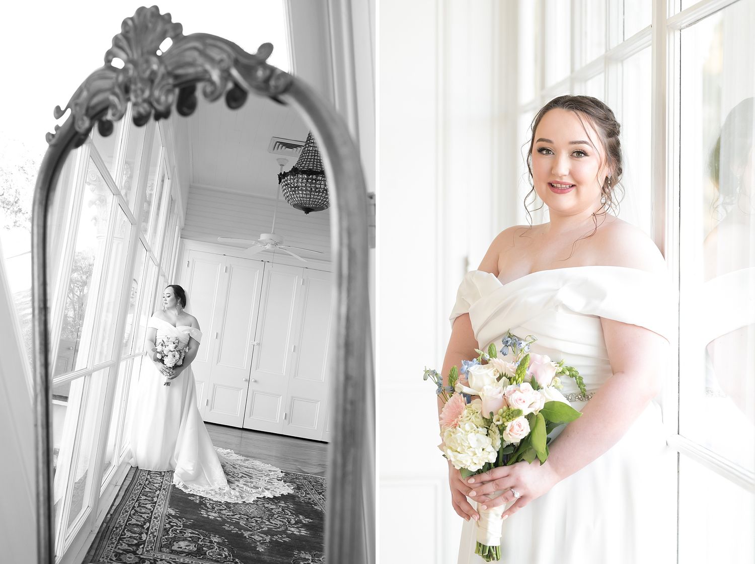 Bride in off-shoulder white gown holding floral bouquet, with black-and-white mirror reflection in elegant venue.