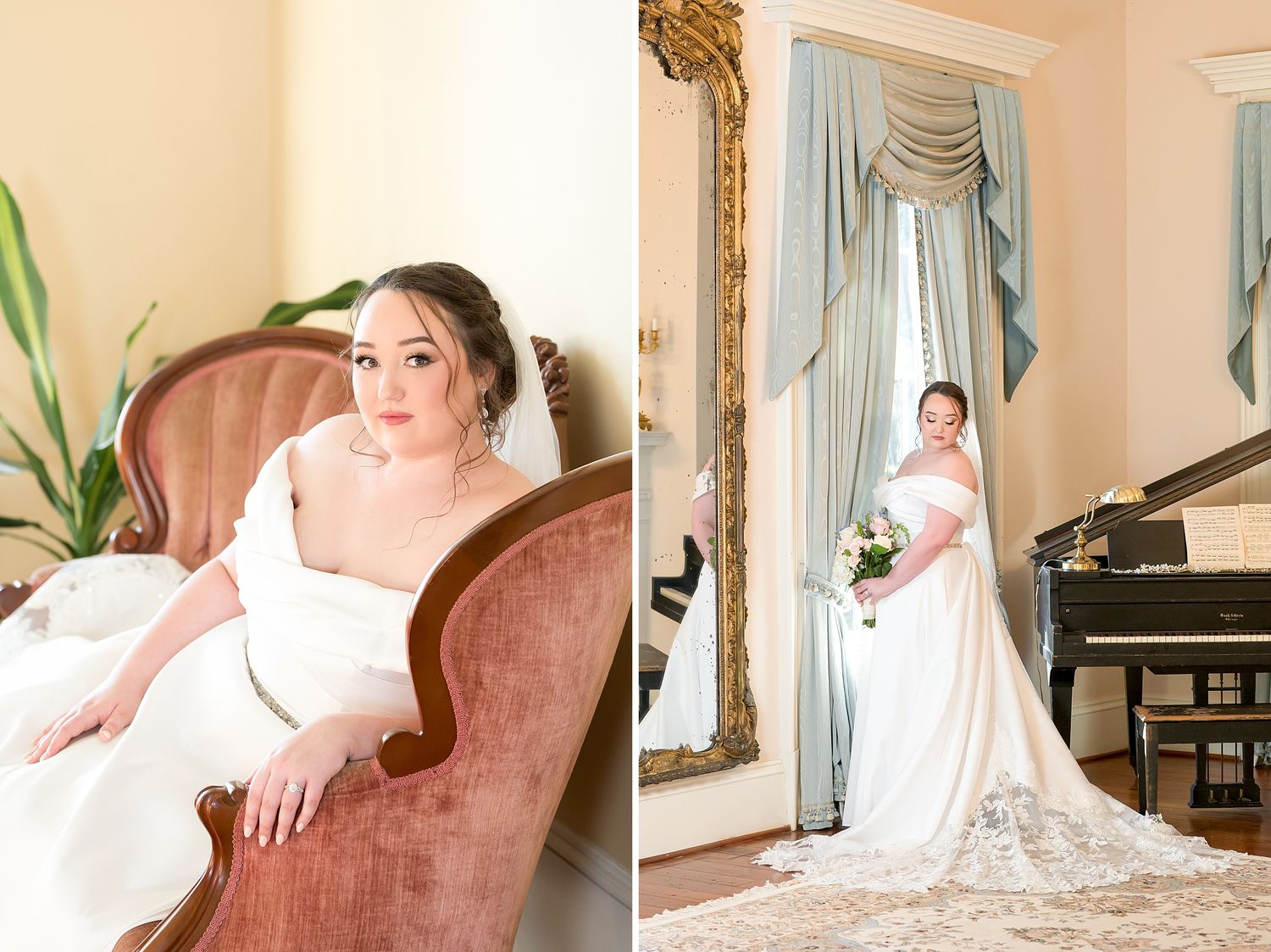 Elegant bride in a white gown poses by a grand piano and ornate mirror in a luxurious room with blue drapes.