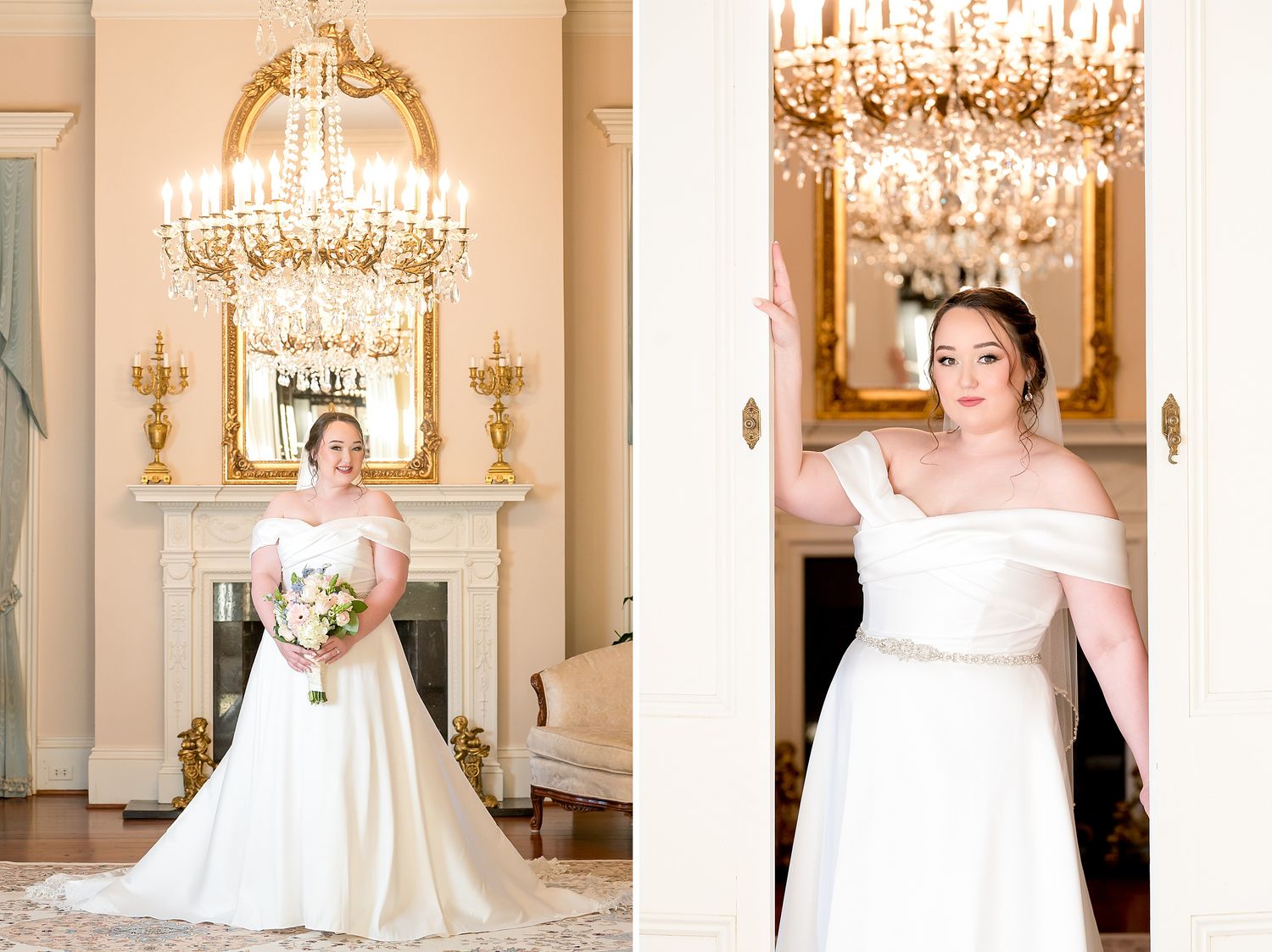 Bride in white off-shoulder gown poses by fireplace and doorway in elegant gold chandelier ballroom.