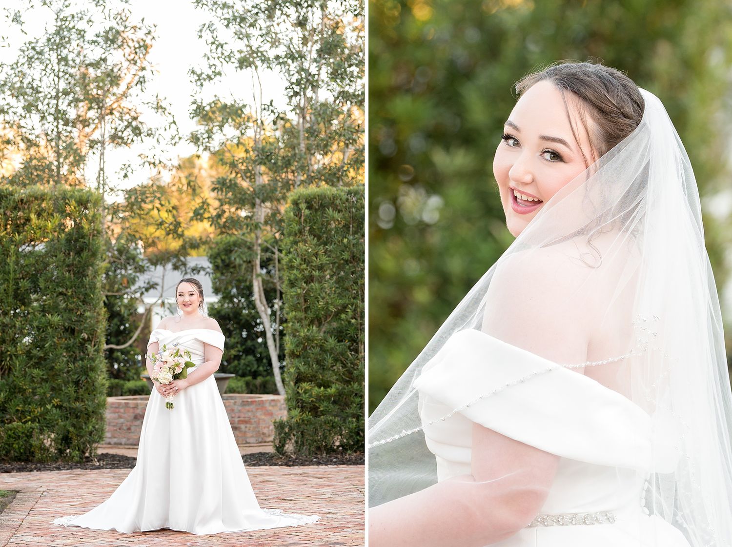 Bride in off-shoulder white gown and veil smiles joyfully outdoors, holding a bouquet near lush greenery.