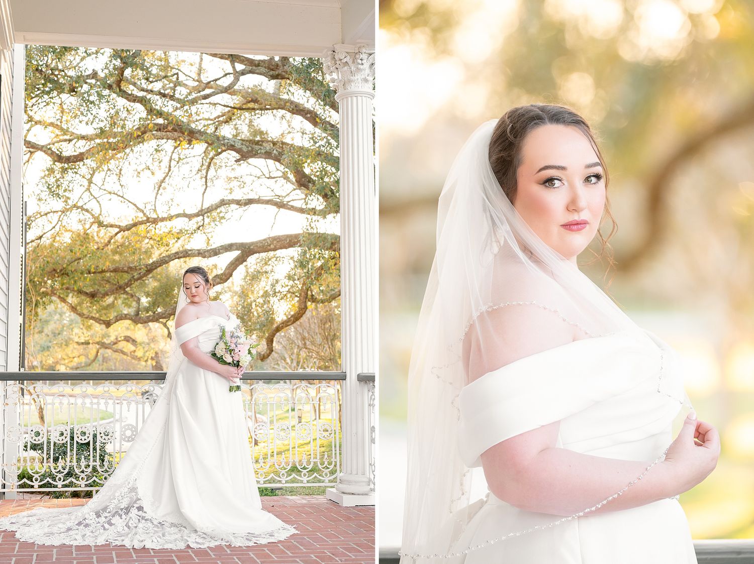 Bride in white off-shoulder gown and veil poses on balcony and outdoors among oak trees for bridal portrait session.