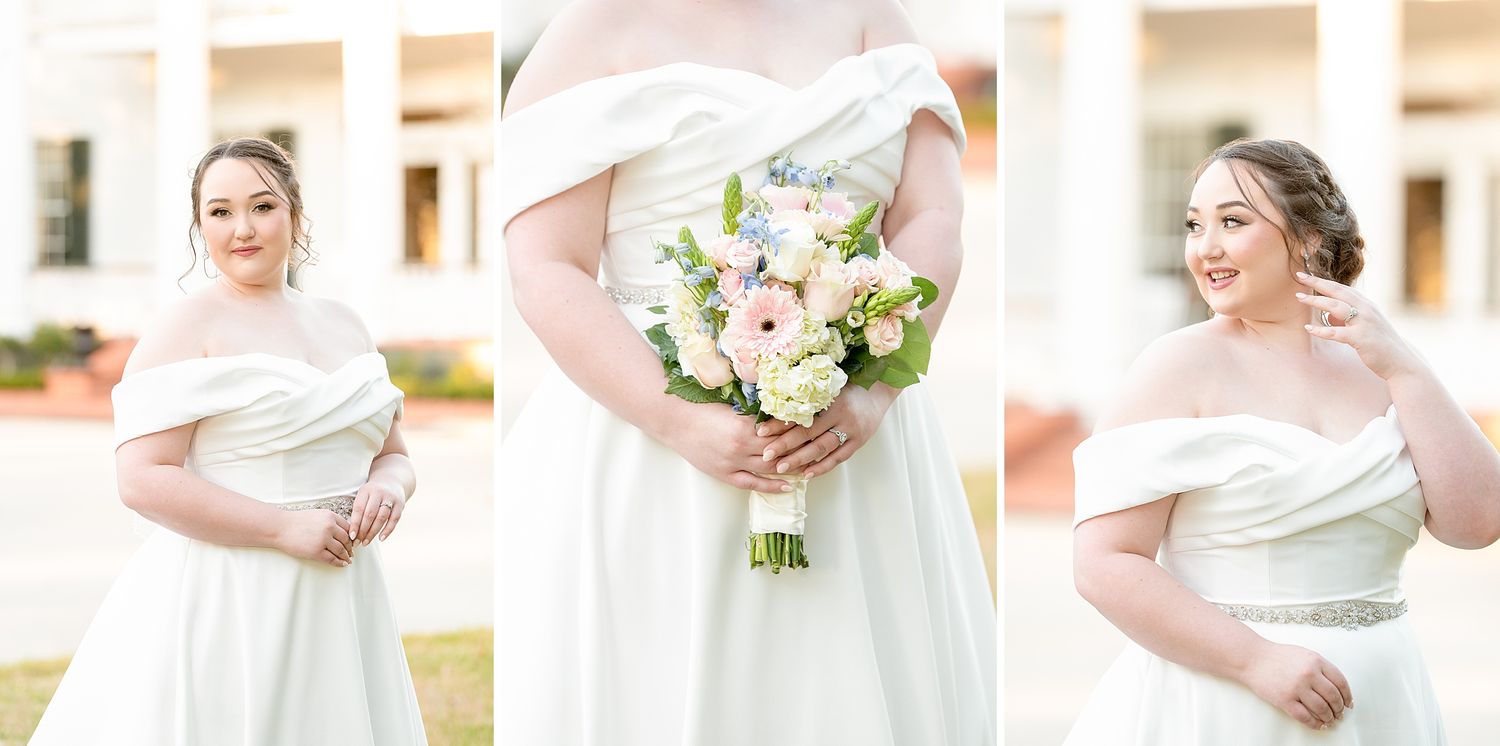 Bride in off-shoulder white gown poses with a pastel bouquet in front of a classic white building.