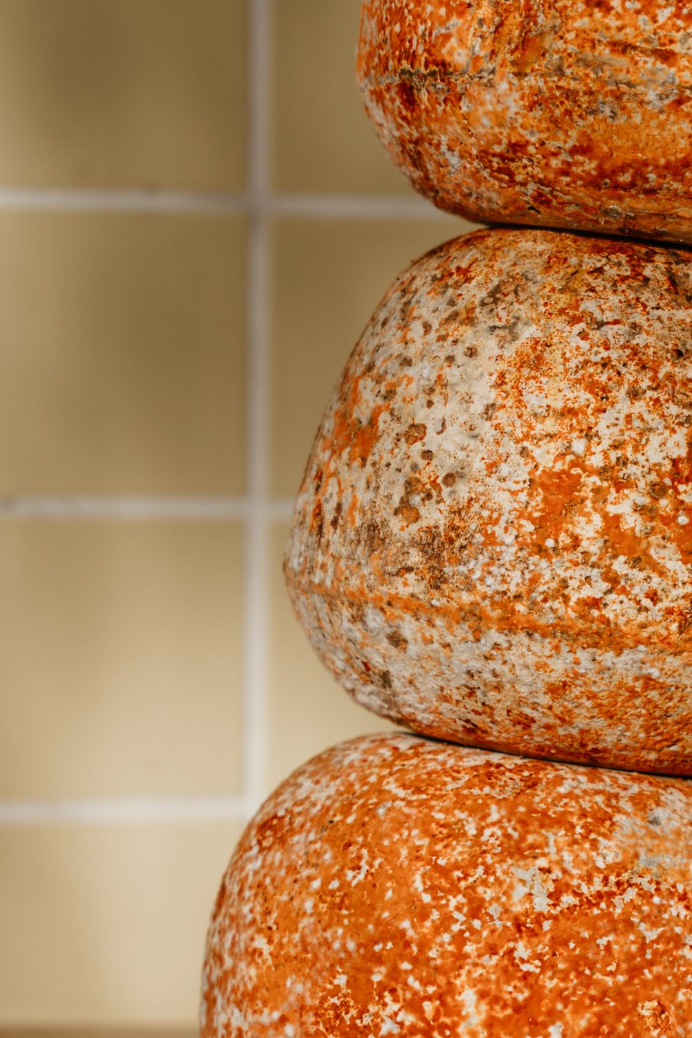 Pile de trois roues à fromage artisanales rustiques avec croûte de moisissure orange et grise, exposées contre des carreaux beiges.