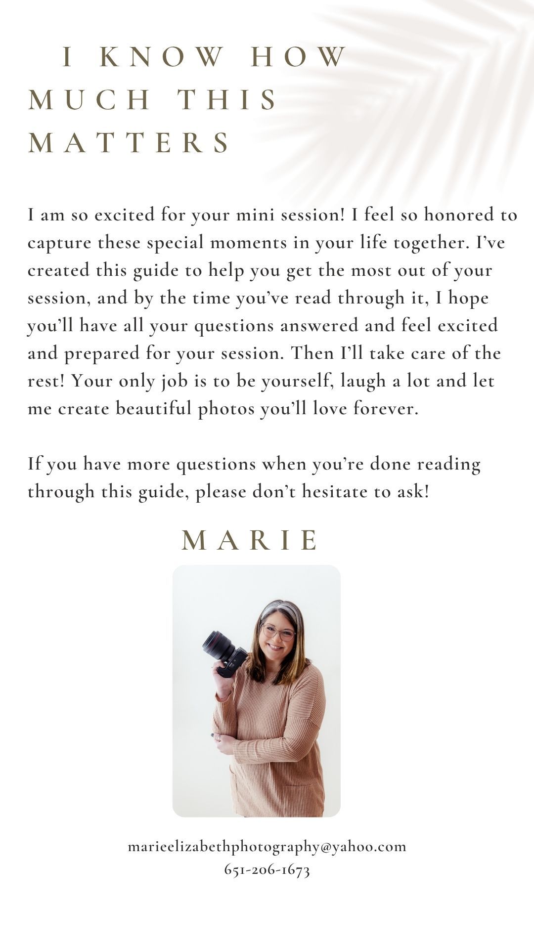Marie, a female photographer holding a camera, smiles warmly in a promotional guide for her mini photography sessions.