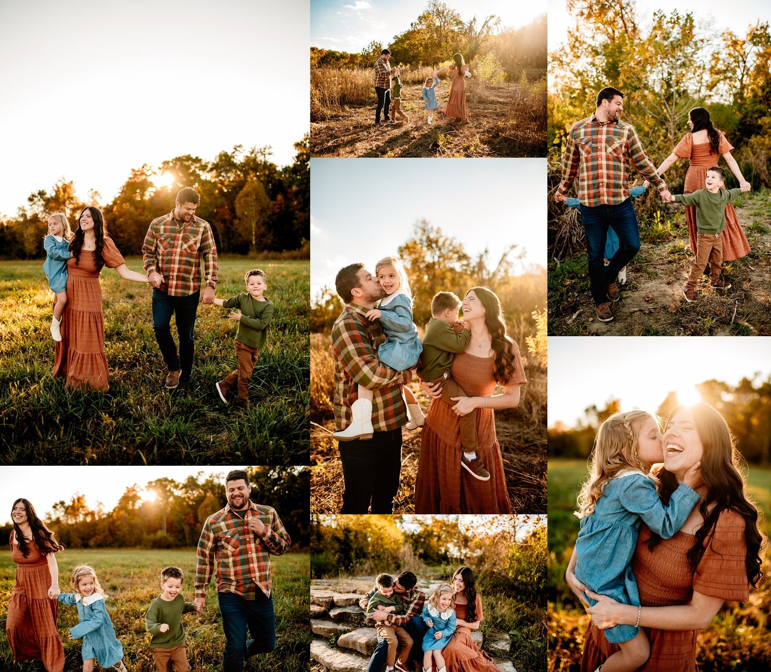 A joyful outdoor family photoshoot at sunset with warm golden light filtering through autumn trees in a natural setting.