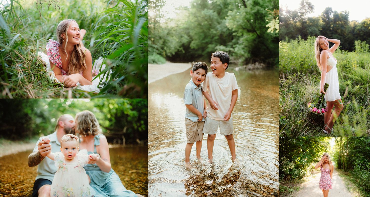 A joyful family splashes and plays together in a shallow creek on a warm summer day.