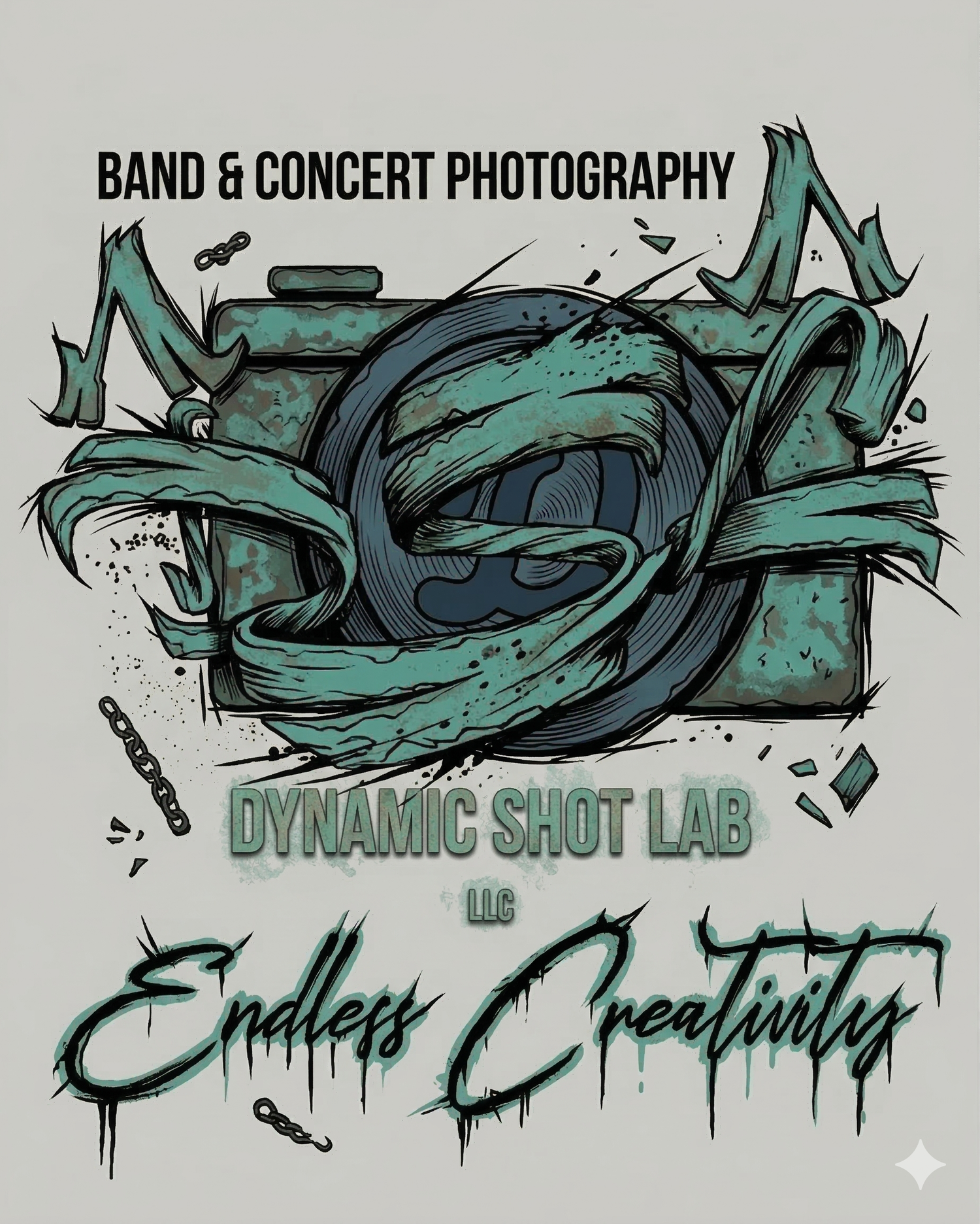 Graffiti-style logo for Dynamic Shot Lab LLC featuring a camera wrapped in teal serpentine designs on white background.