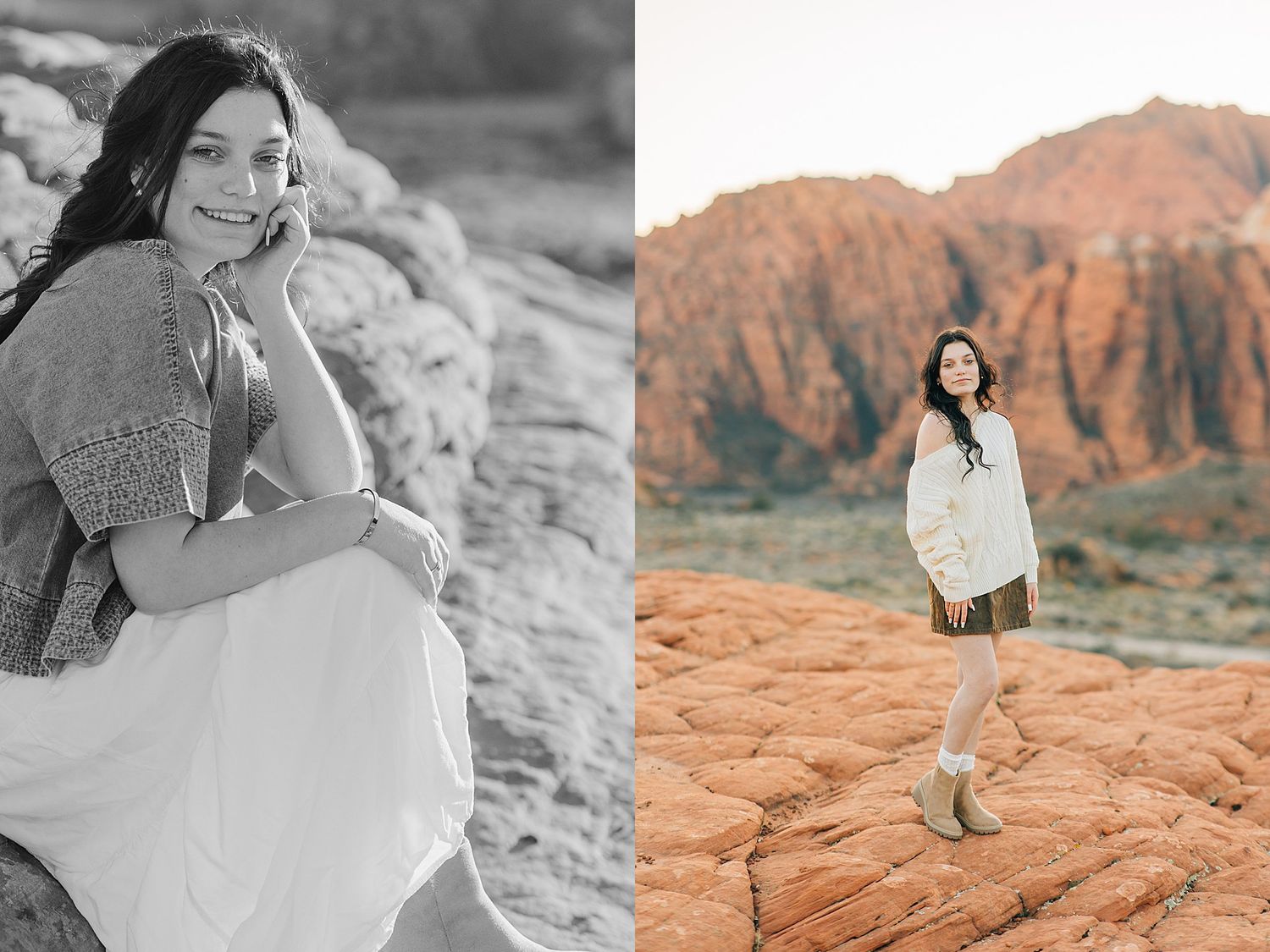 Young woman in white dress poses on rocky terrain in black and white, beside a vibrant red rock canyon portrait.