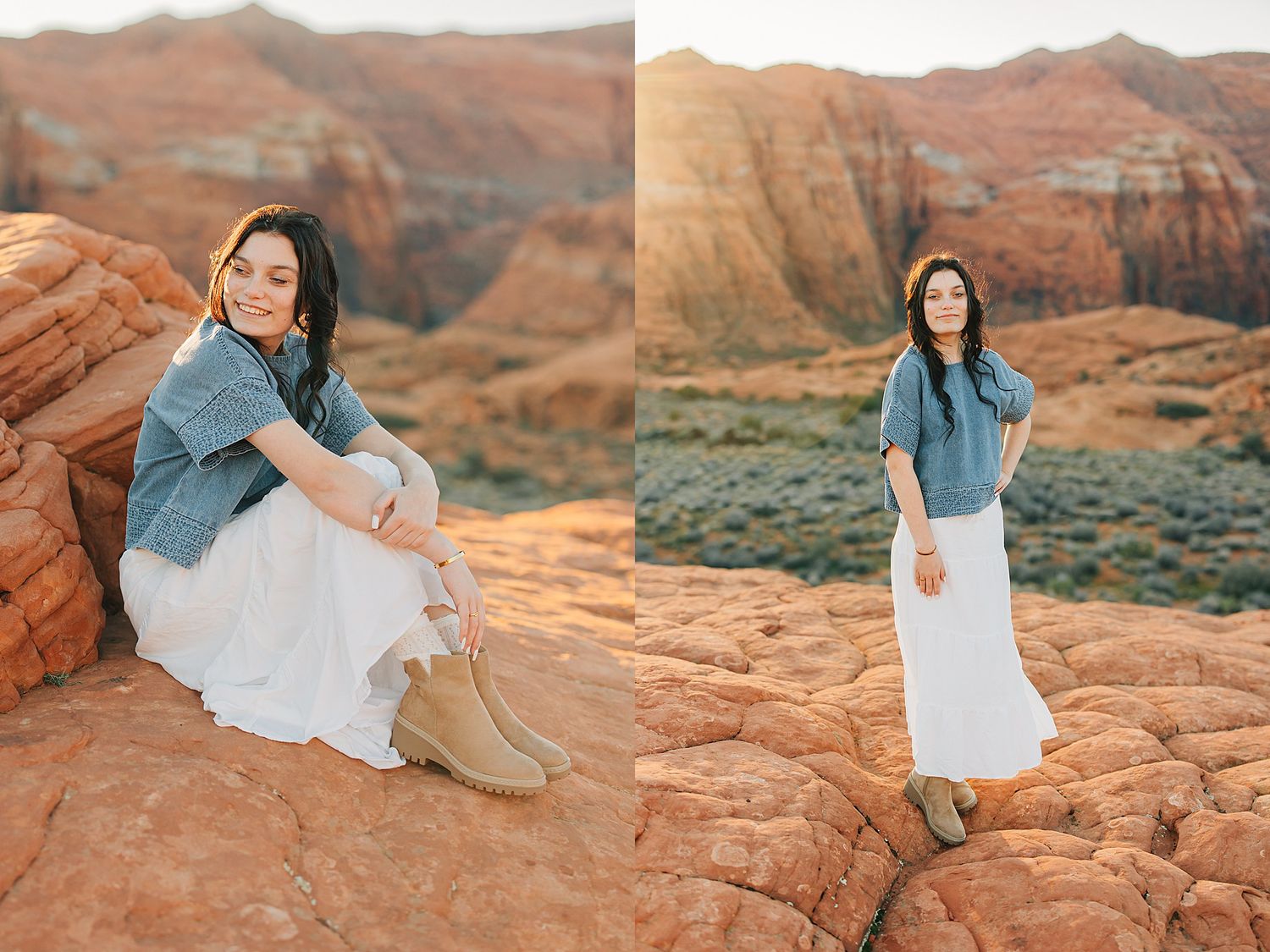 Young woman in blue top and white skirt poses on red rock canyon formations at golden hour.