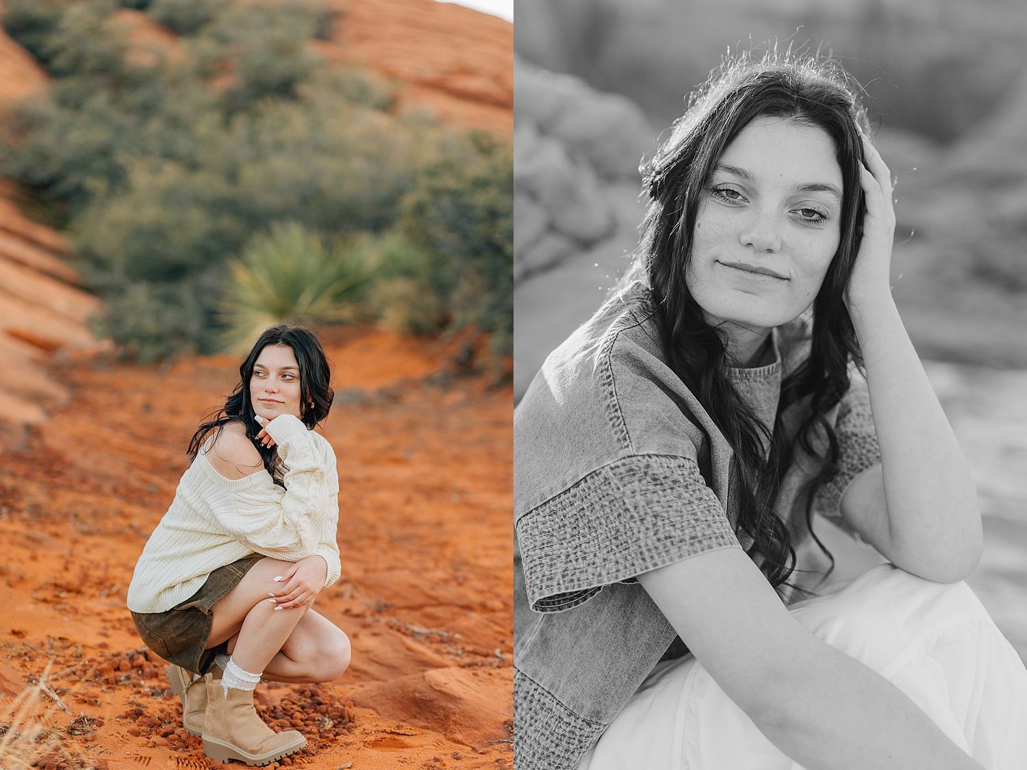 Brunette woman posing on red sand desert terrain in casual outfit, shown in color and black and white.