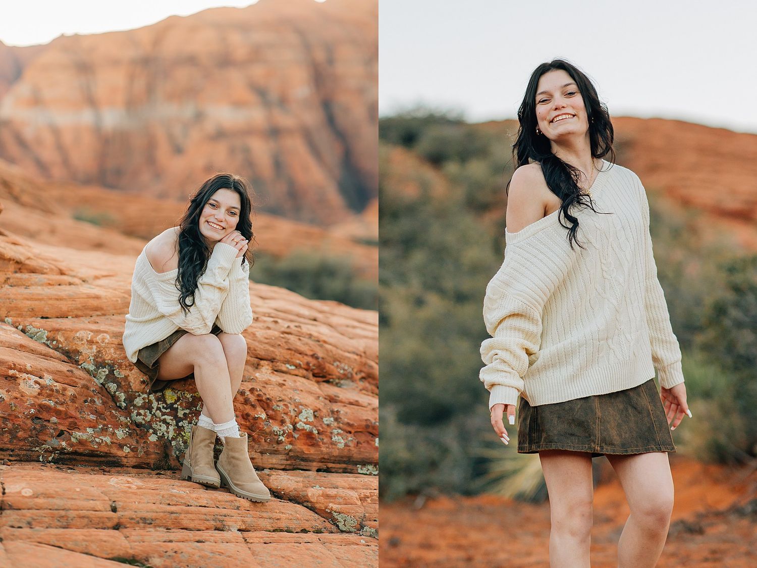Young woman in cream sweater and skirt posing against red rock canyon landscape in two outdoor portrait shots.