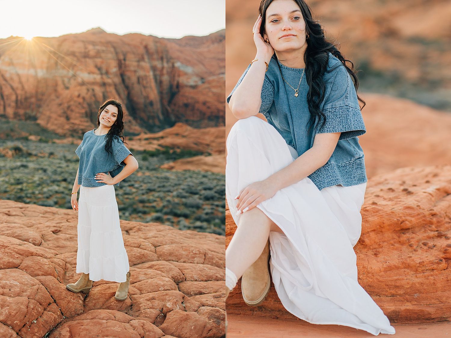 Young woman in blue top and white maxi skirt poses on red sandstone rocks during golden hour senior portrait session.