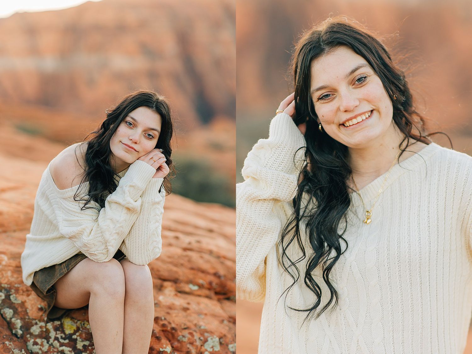 Young woman with dark wavy hair poses on red rock formations wearing a cream knit sweater in a senior portrait session.