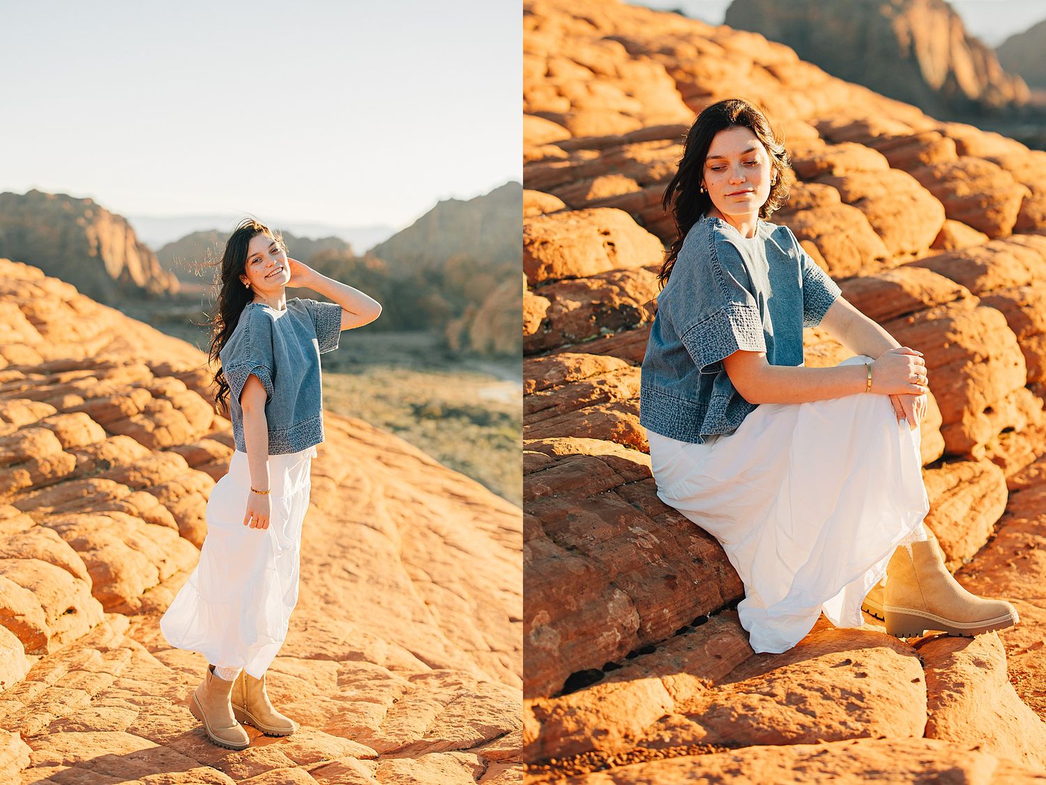 Young woman in denim top and white skirt poses on red rock formations at Red Rock Canyon, Nevada.