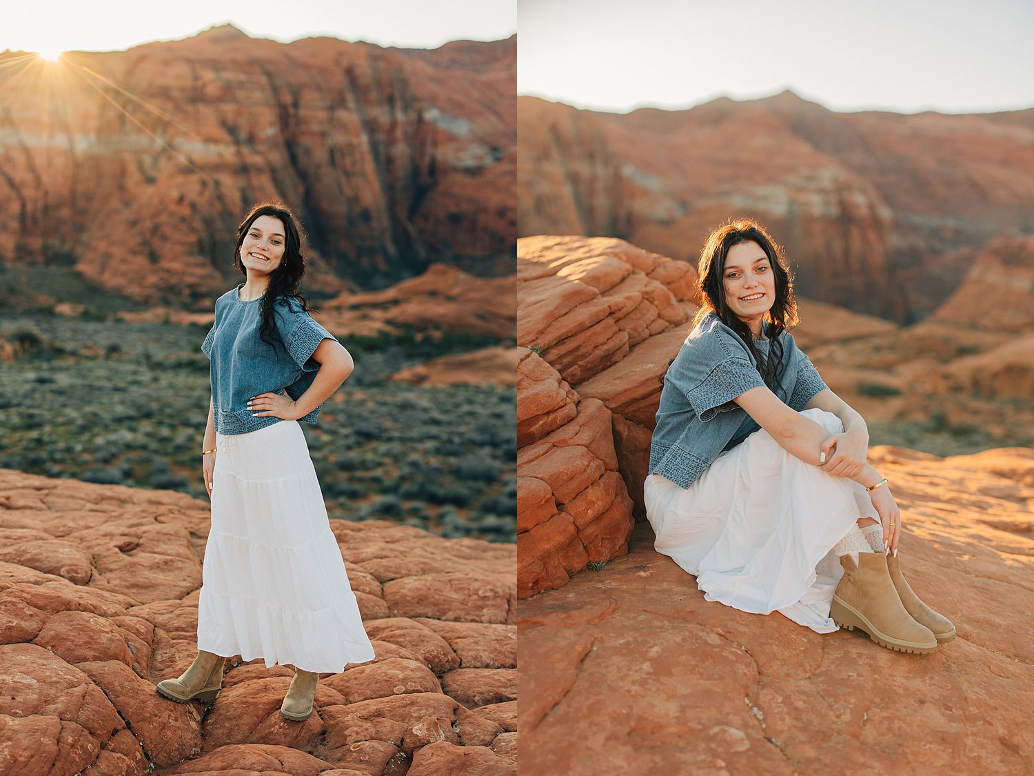 Young woman in denim shirt and white maxi skirt poses on red rock formations at golden hour in a desert landscape.