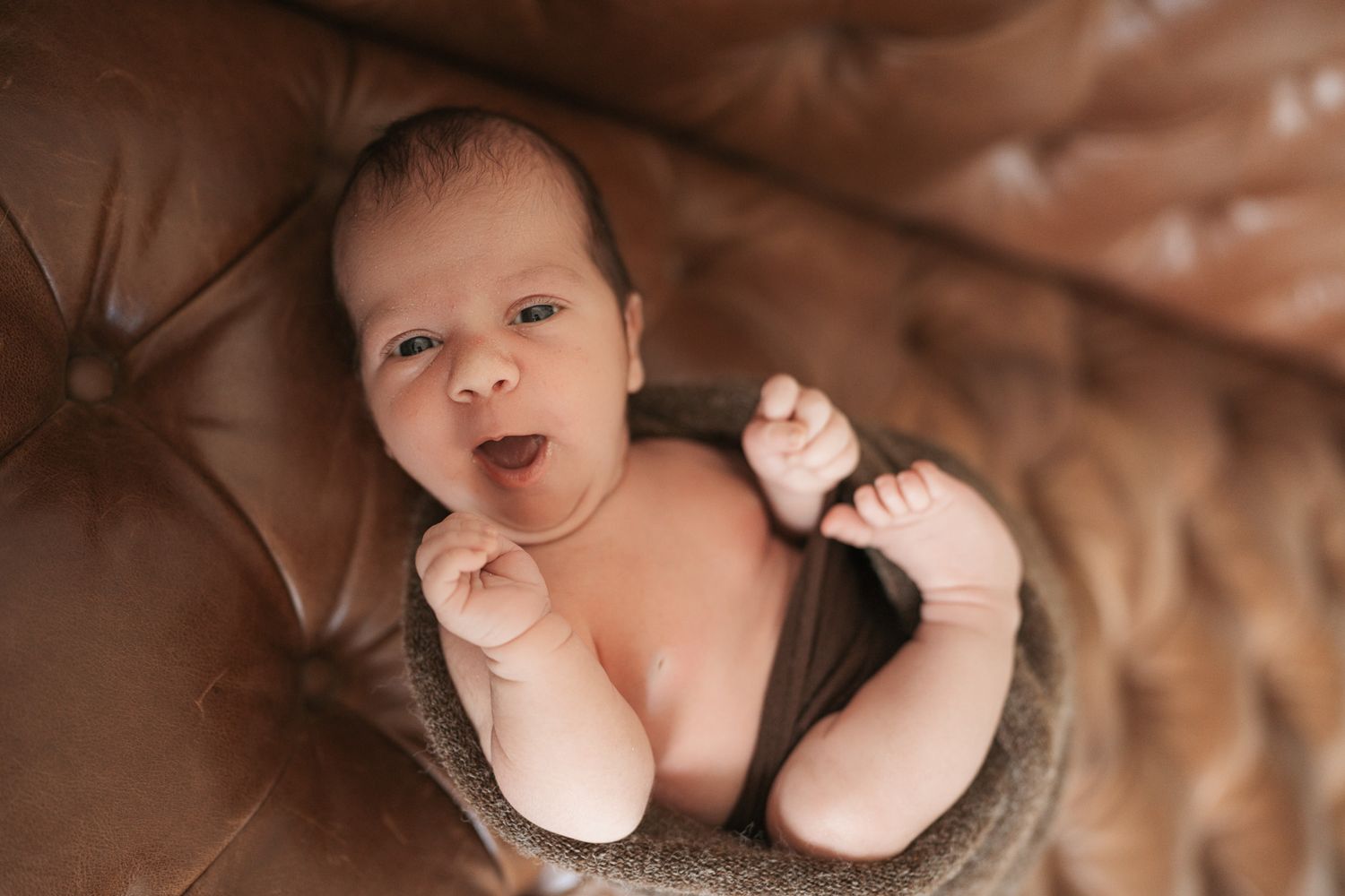 A series of artistic newborn baby portraits showing tiny feet, hands, and sleeping poses against warm brown backgrounds.