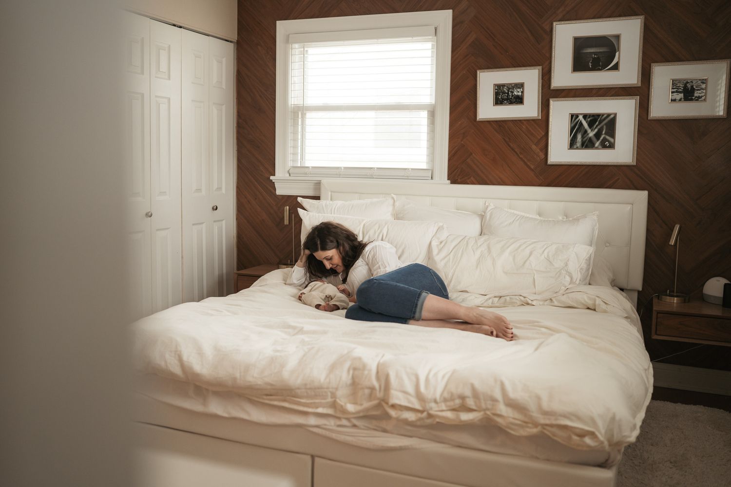 A series of connected photos showing someone sleeping in different positions on a white bed in a sunlit room.