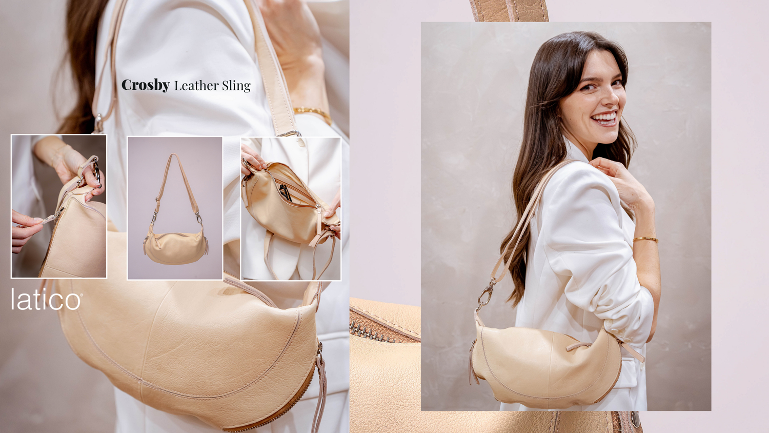 A smiling woman wearing a white outfit with the Latico Crosby Leather Sling bag in cream.