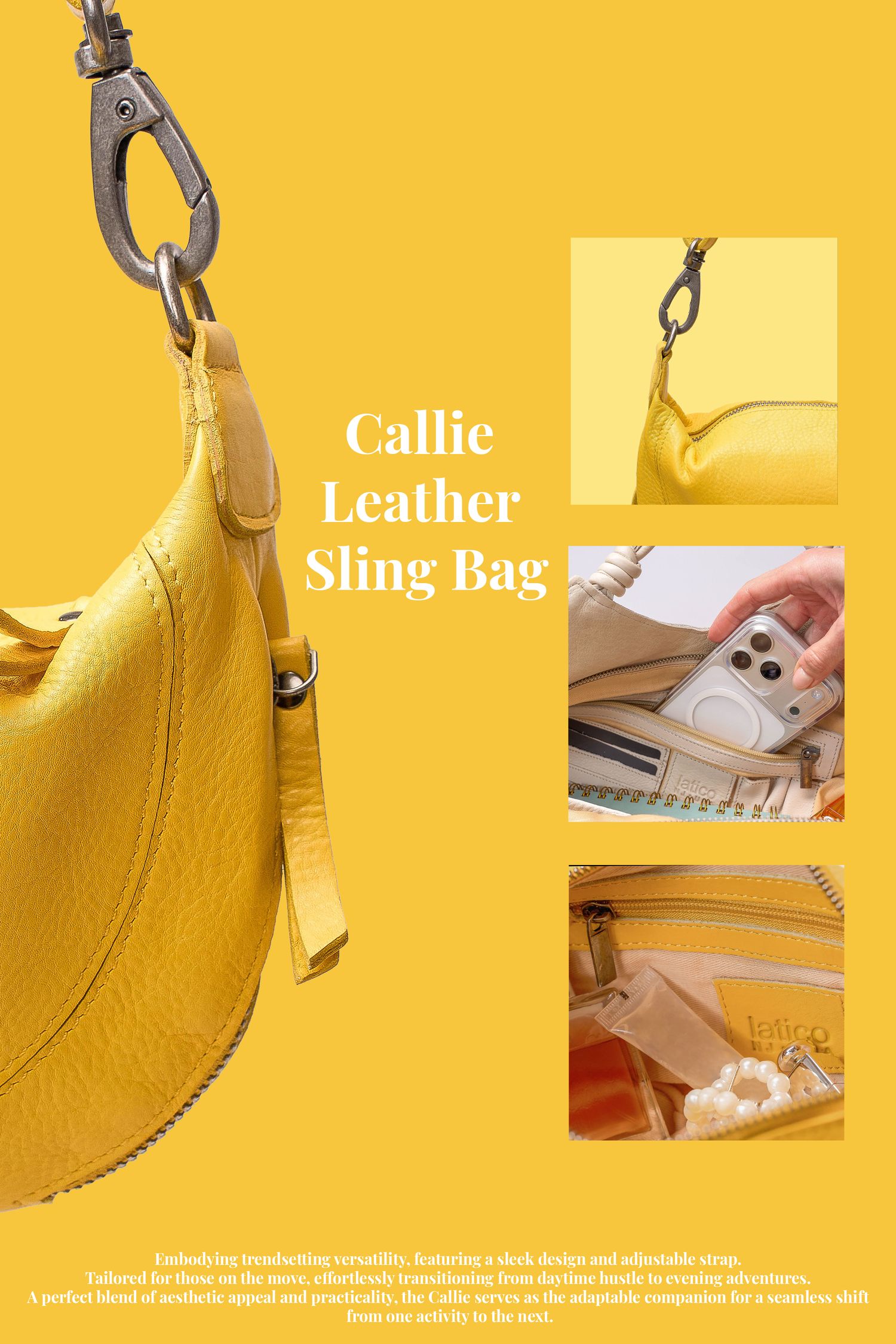 A vibrant yellow collage displaying the Callie Leather Sling Bag with interior and strap details.