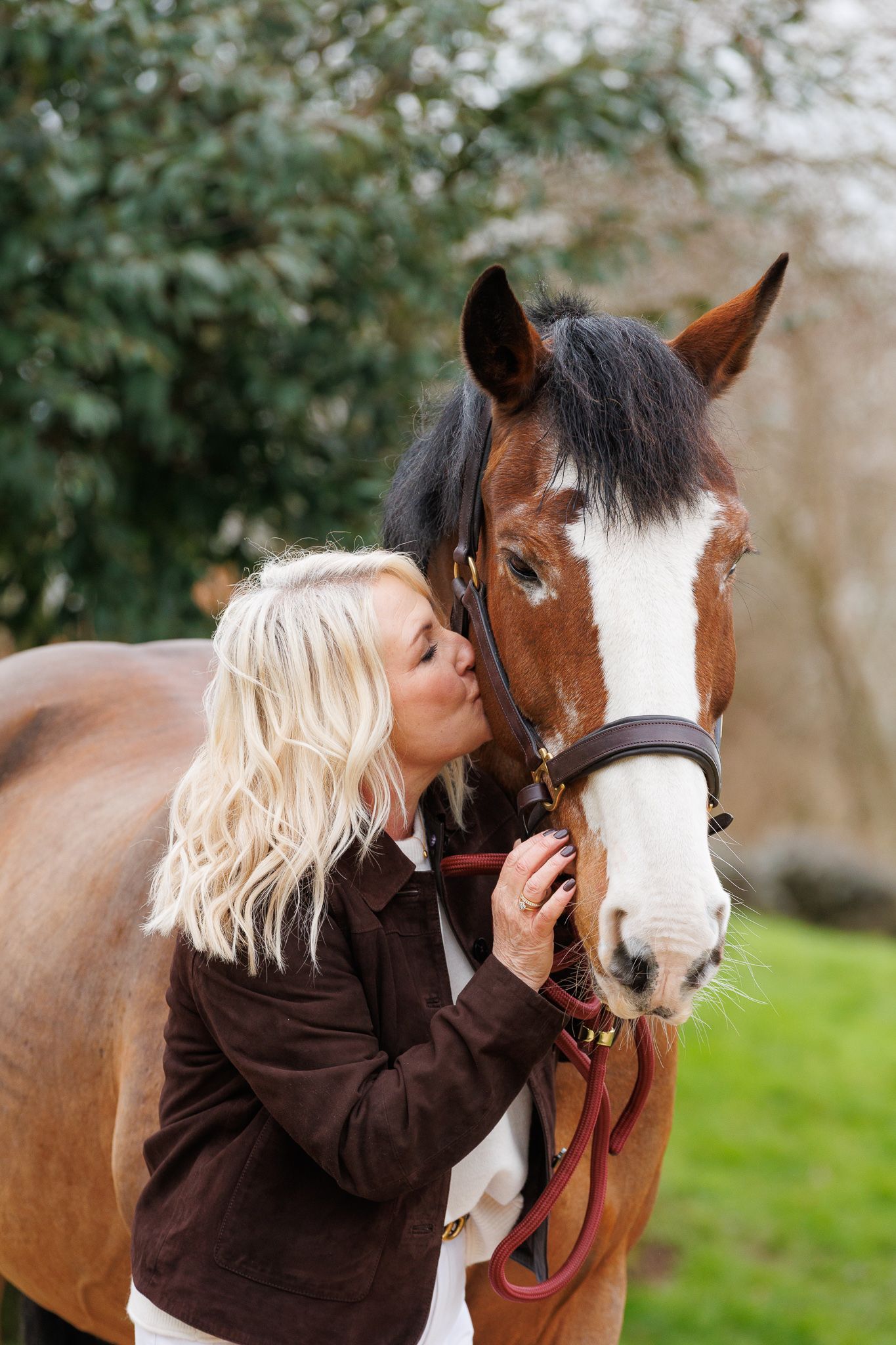 A series of photos showing a person with red hair interacting with a dark horse in a soft-focus outdoor setting.
