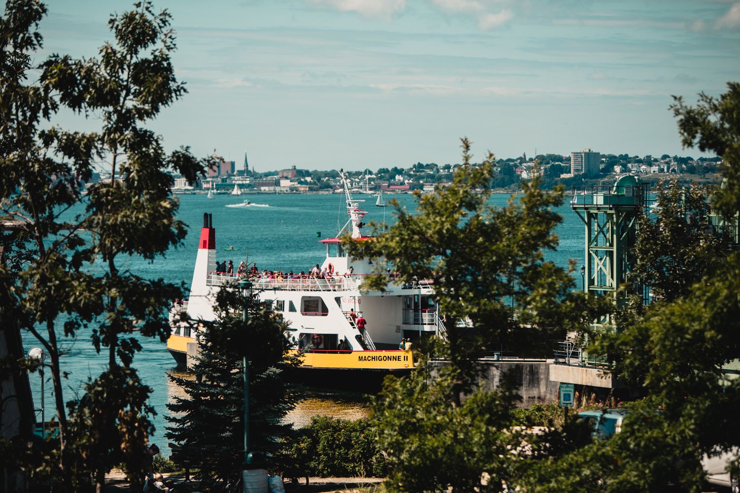 A white ferry docked at a harbor terminal surrounded by lush green trees with a bridge visible in the background.