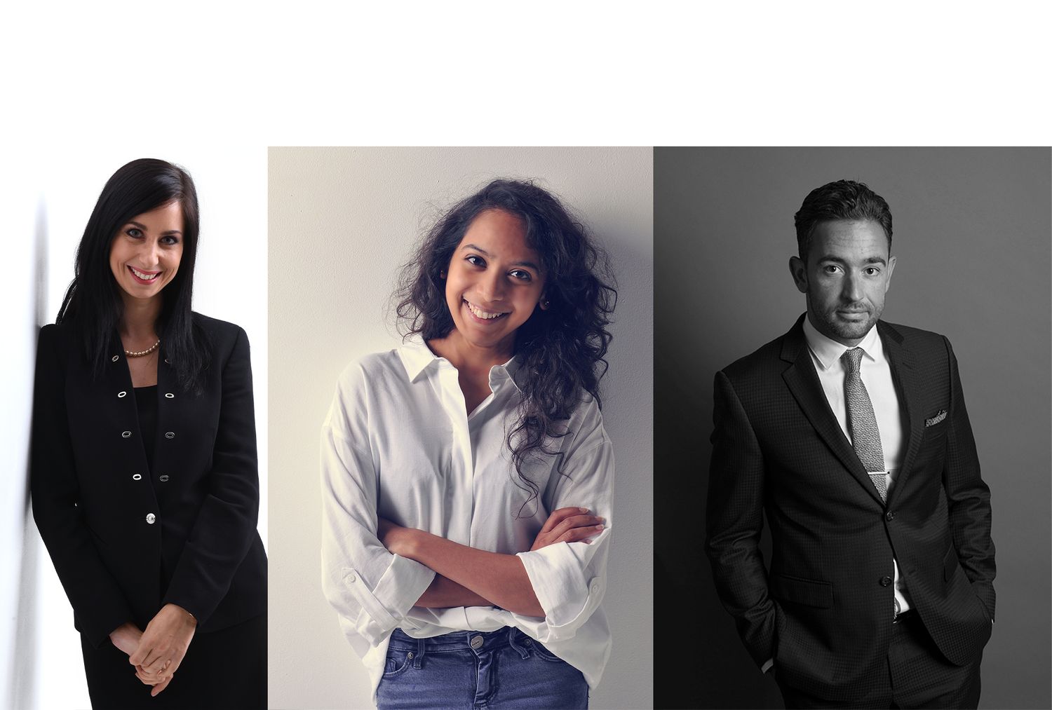 Professional headshots of business people in formal attire against neutral backgrounds.