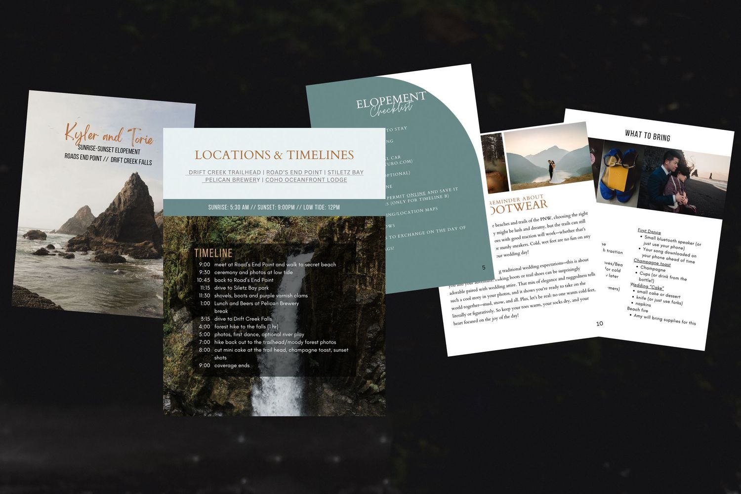 Marketing materials and brochures featuring scenic waterfall imagery and travel destination information laid out on dark surface.