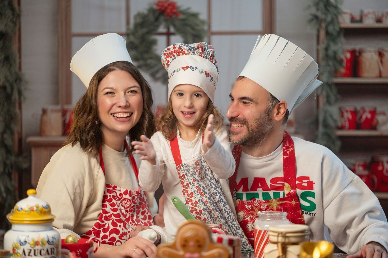 Fotografía de familia preparando galletas en cocina navideña en Madrid.