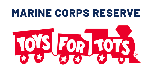 Marine Corps Reserve Toys for Tots logo with red train design and text in blue and red colors.