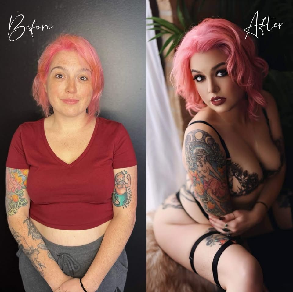 A series of artistic boudoir photos featuring pink hair and tattoos in various poses against dark backgrounds.