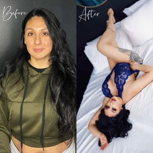 Woman with long dark hair poses in olive green top and shows tattoo artwork in different angles and lighting.