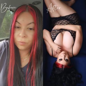 A series of selfie-style photos showing black and red dyed hair in various poses and angles.