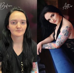 Series of selfies showing a woman with dark hair and tattoos in various poses against dark backgrounds.