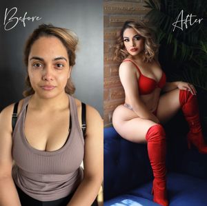 A series of artistic portrait photographs featuring poses in red and gray clothing against dark backgrounds.
